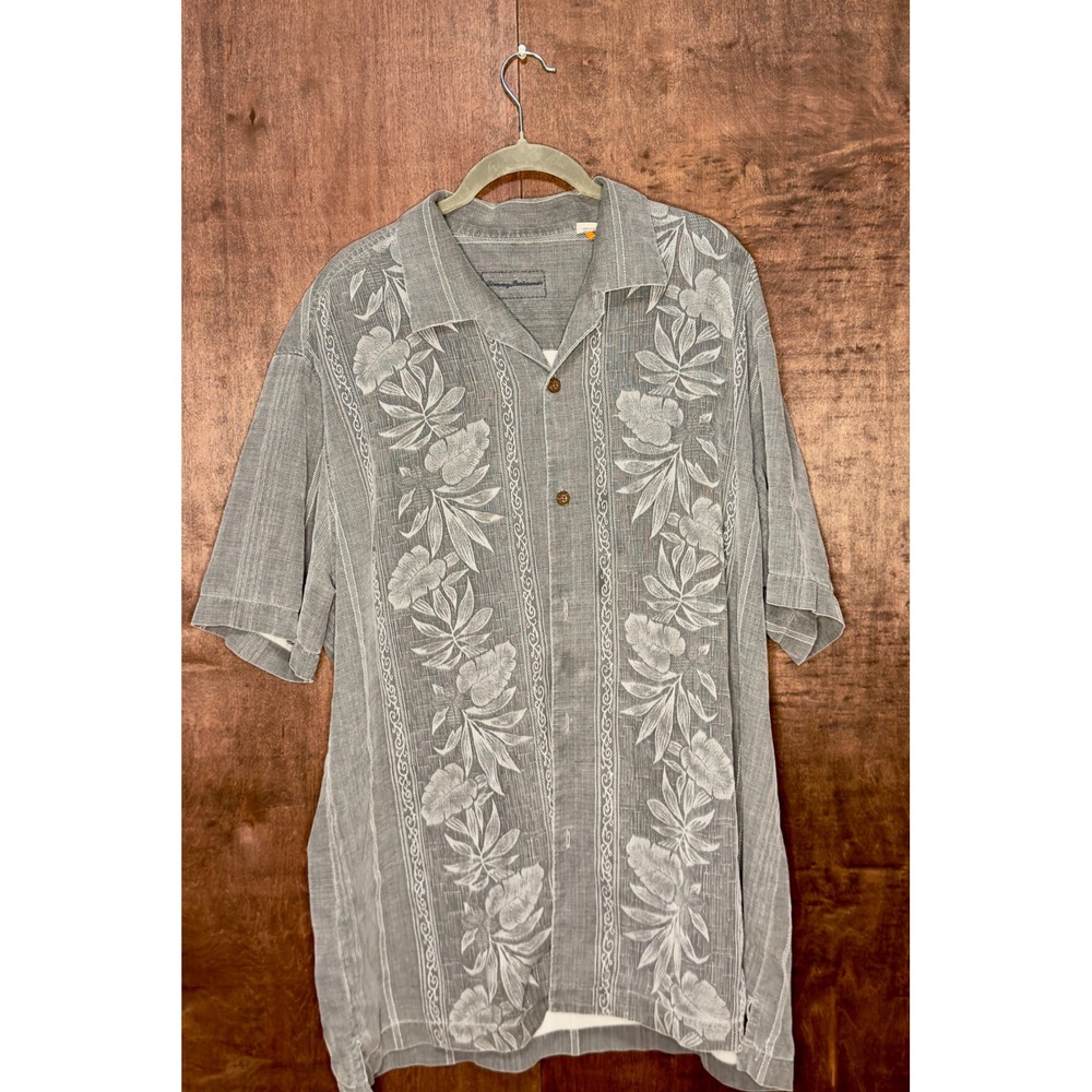 Tommy Bahama Mens Grey Floral Embroidered Short Sleeve Button Down Camp Shirt